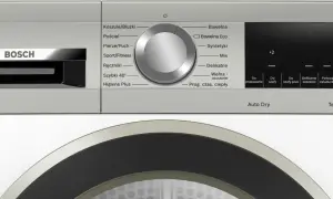 Panel suszarki Bosch Serie 6 z programami i wyświetlaczem. Symbole na wyświetlaczu wskazują czas i opcje suszenia.