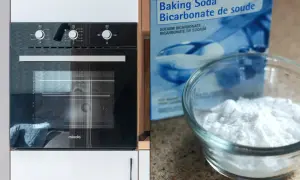 Nowoczesny piekarnik i miseczka z sodą oczyszczoną, gotową do czyszczenia piekarnika sodą.