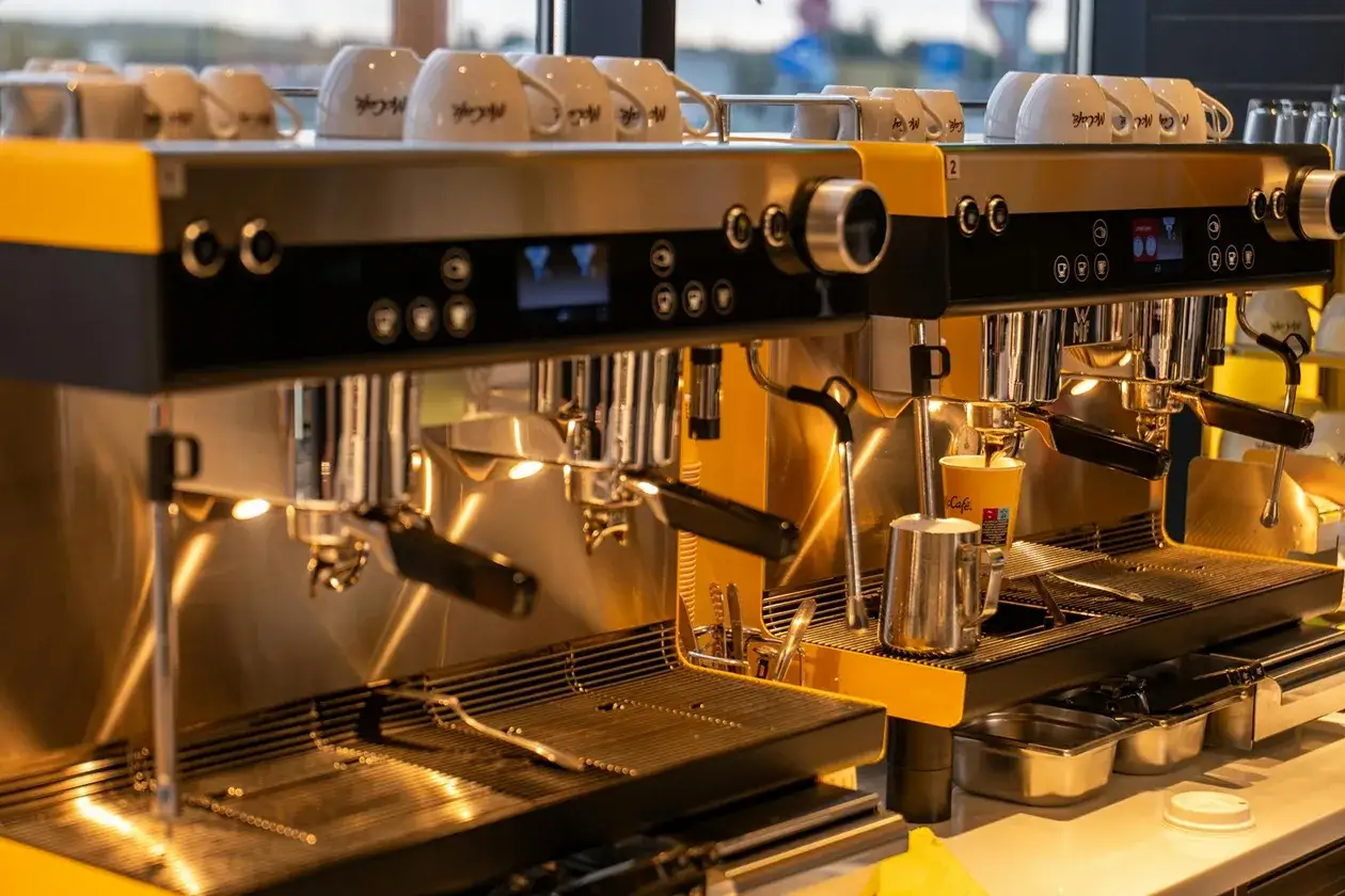 Dwa profesjonalne ekspresy do kawy, lśniące i gotowe do pracy. Kubki McCafe czekają na górze, a na dole akcesoria do kawy. Wszystko wygląda na idealnie calc clean.