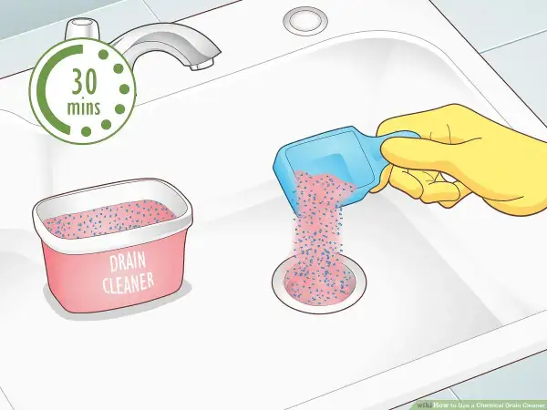 Rękawica w żółtej rękawiczce wsypuje granulat do odpływu zlewu. Obok stoi pojemnik z napisem "DRAIN CLEANER". Czas oczekiwania to 30 minut.